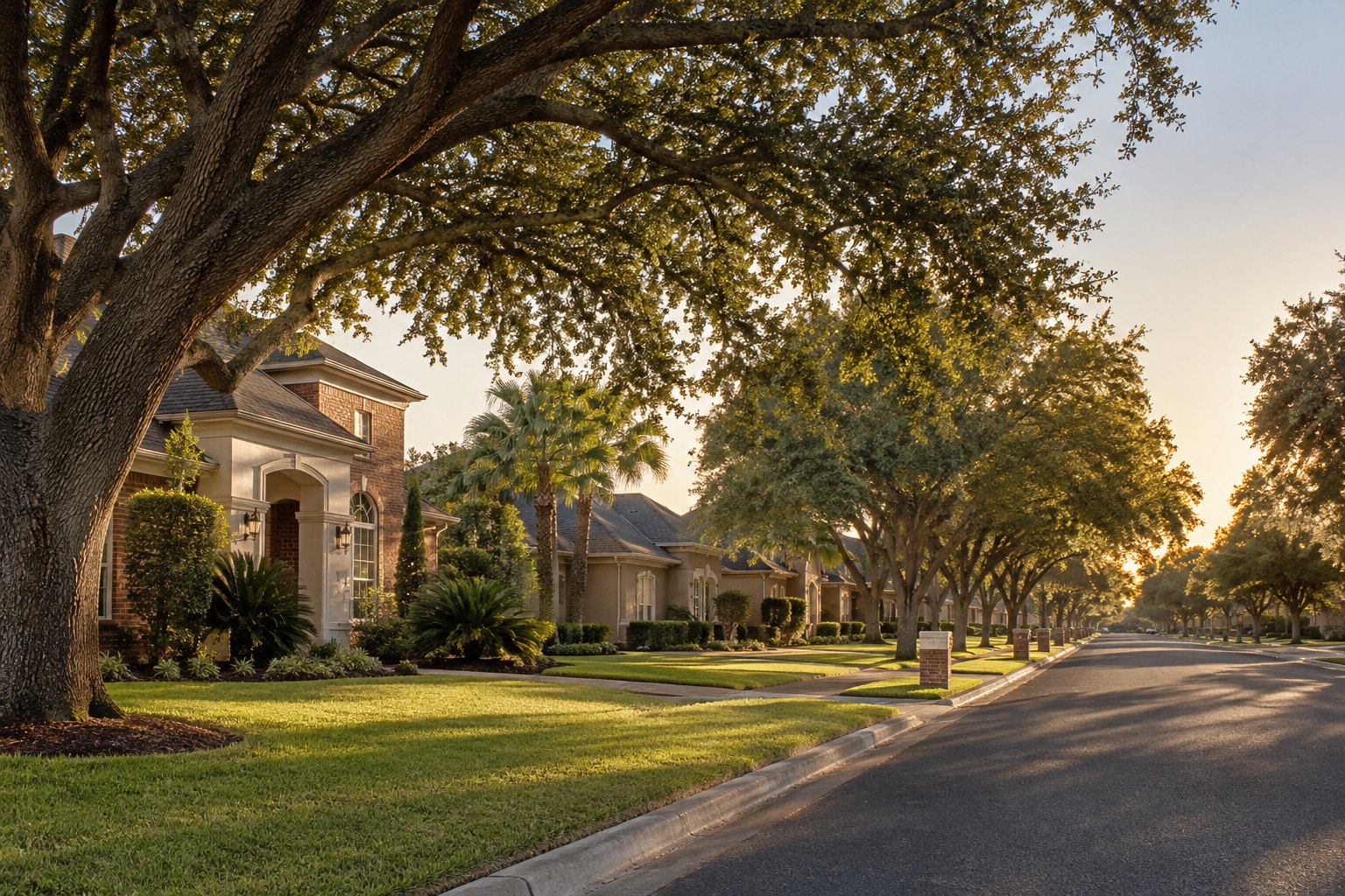 An established McAllen street of brick and stucco homes, illustrative