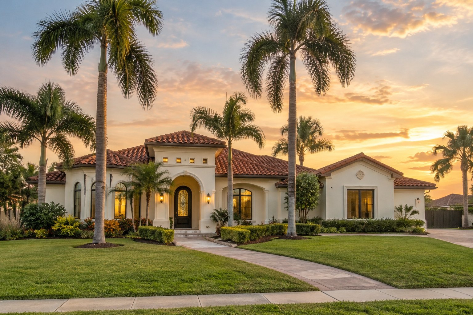 A single story Spanish style stucco home with a tile roof and palm trees at golden hour, illustrative