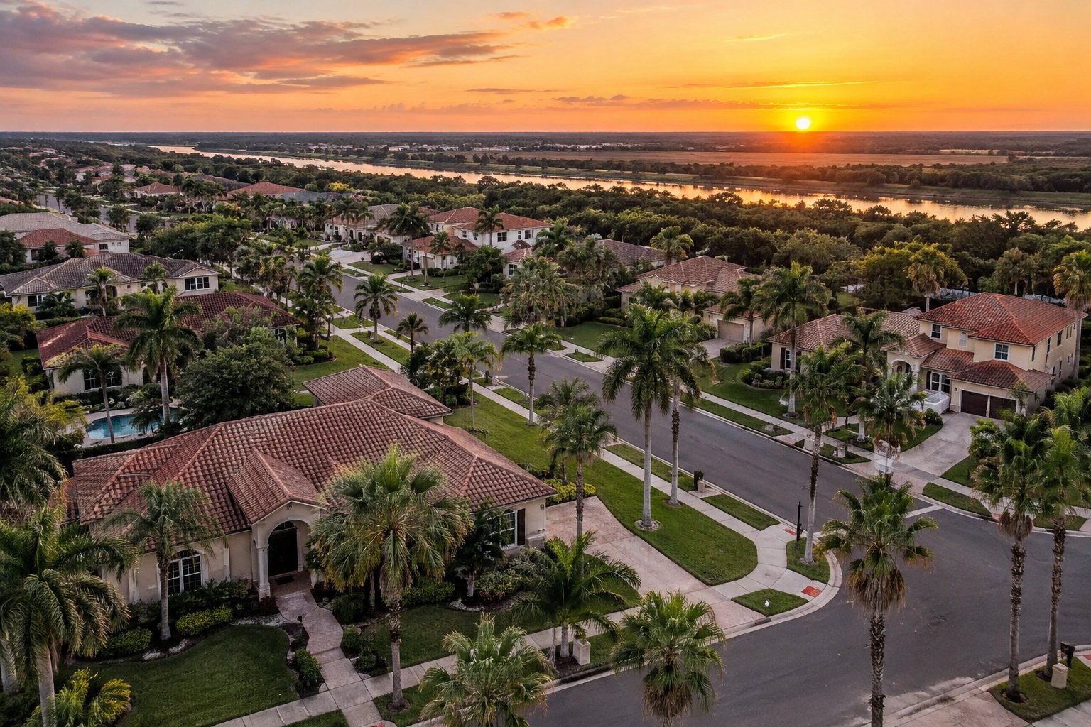 A Rio Grande Valley neighborhood at sunset, illustrative