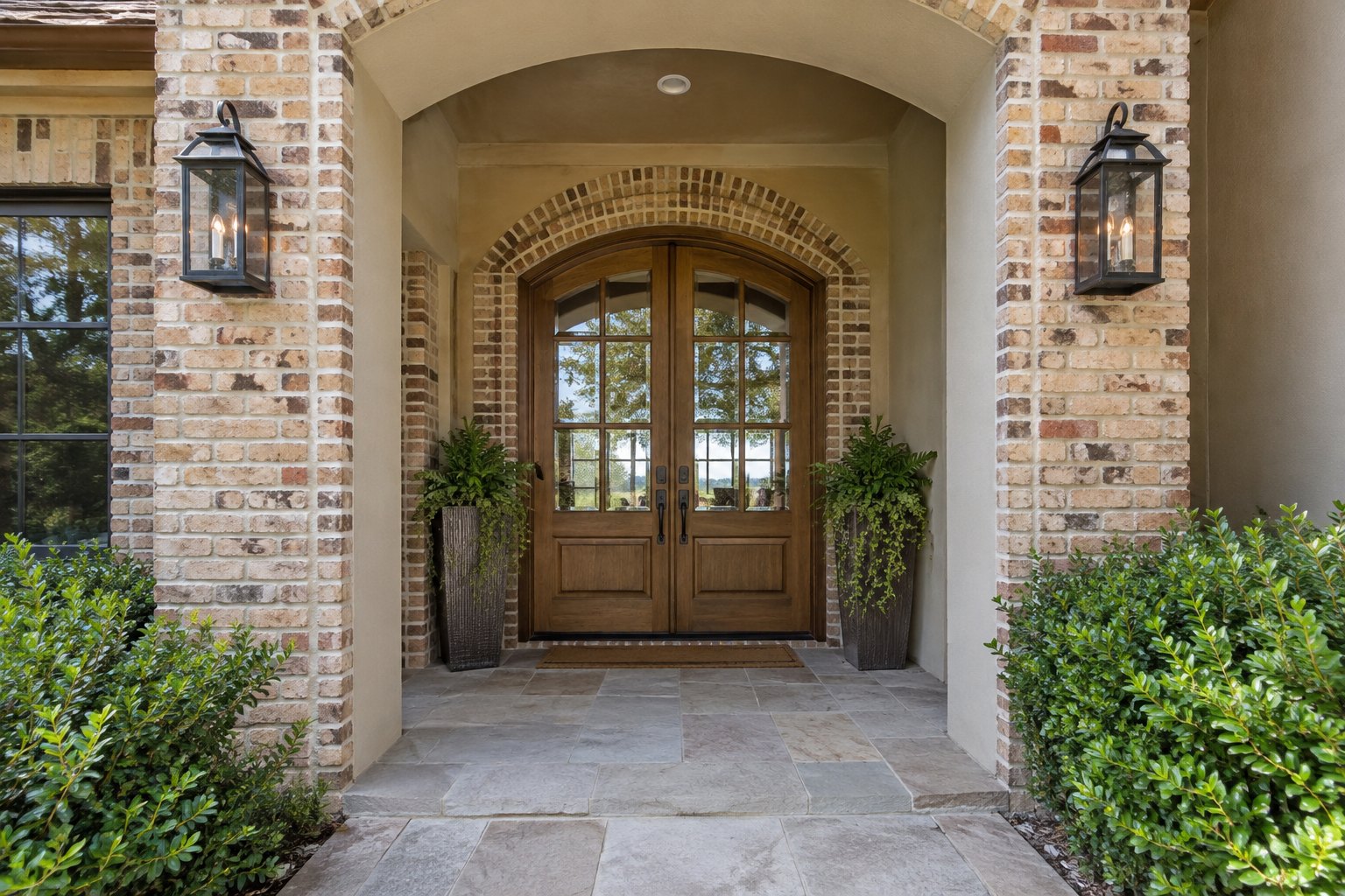 A shaded front entry of a Texas home, illustrative